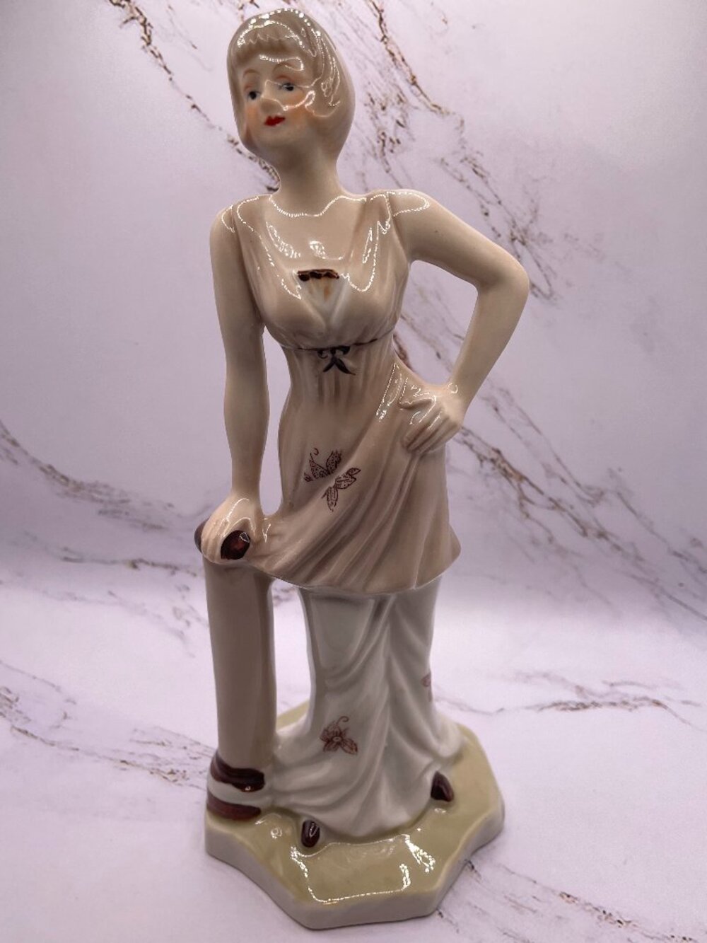 Vintage Art Deco Porcelain Flapper Figurine Lady Posing by Pillar Column